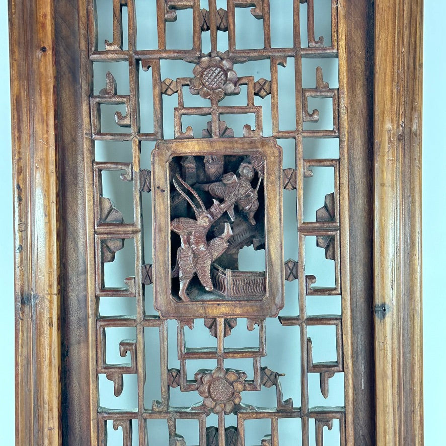 Antique Chinese Qing Carved Wood Window Shutter Panel Battle Scene 32″H