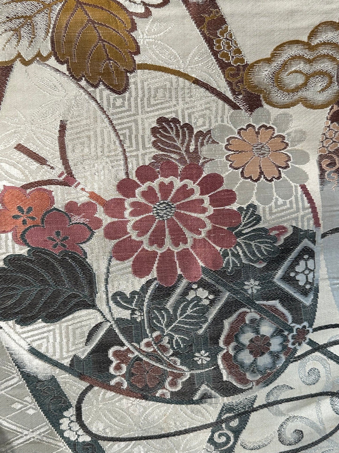 Antique Japanese Silk Maru Obi Green & Pink on White Phoenix & Flowers 13ft