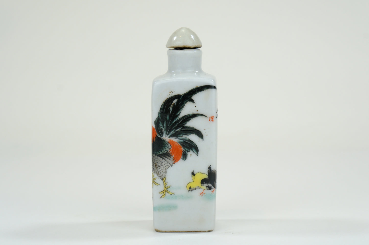 Vintage Chinese Porcelain Rooster Motif Snuff Bottle w/ Stopper 3"