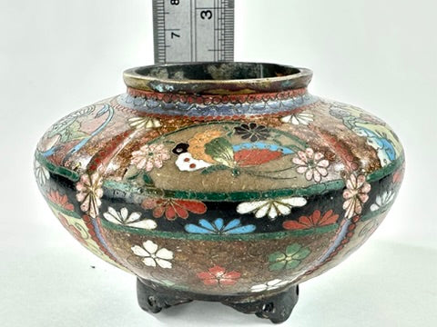 Japanese Meiji Cloisonne Shippo Vase Phoenix Floral Three Feet Red Brown 3"H