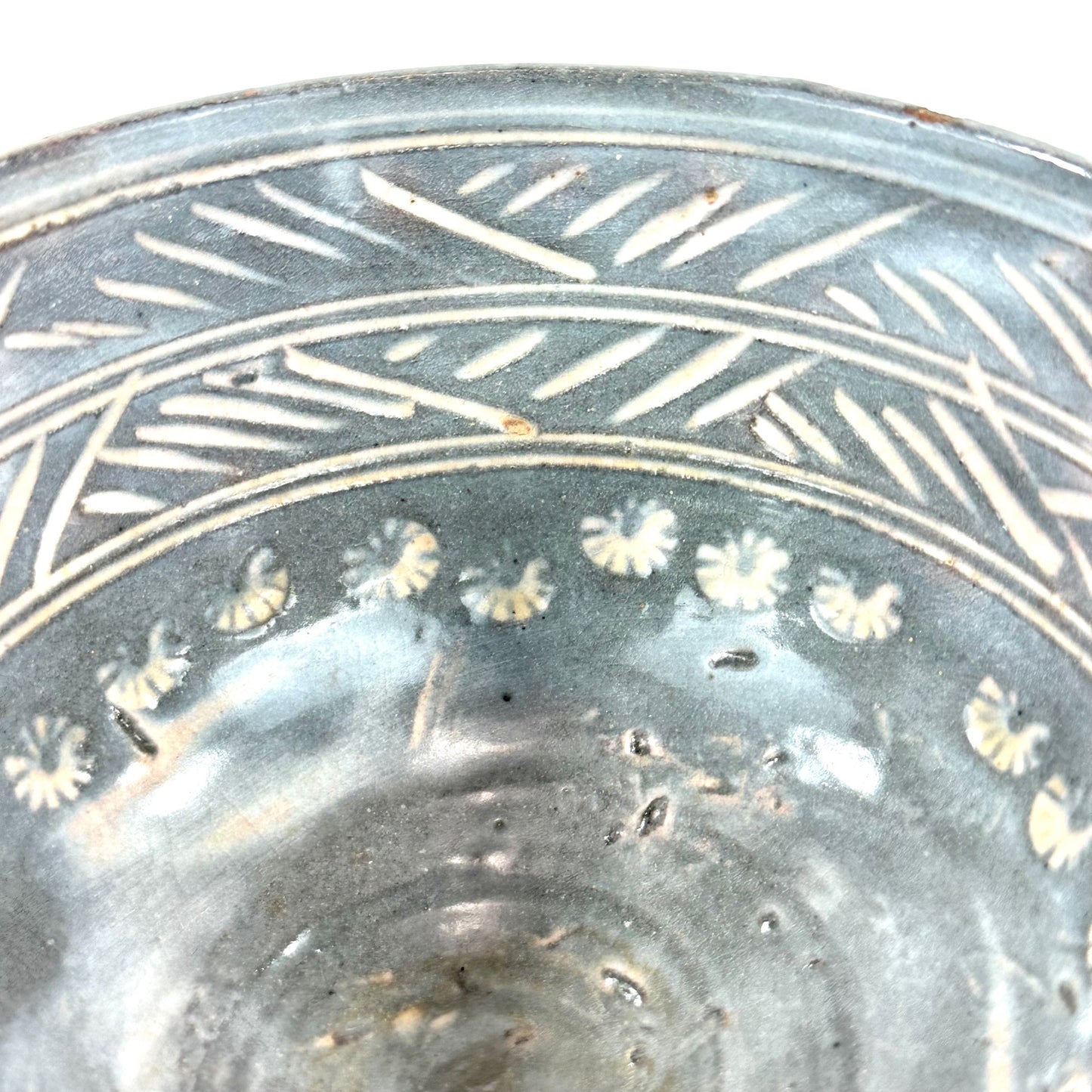 Japanese Tokoname Style Stoneware Chawan  Mishima Decoration W/ Grey Glaze Over White Slip Red Terracotta
