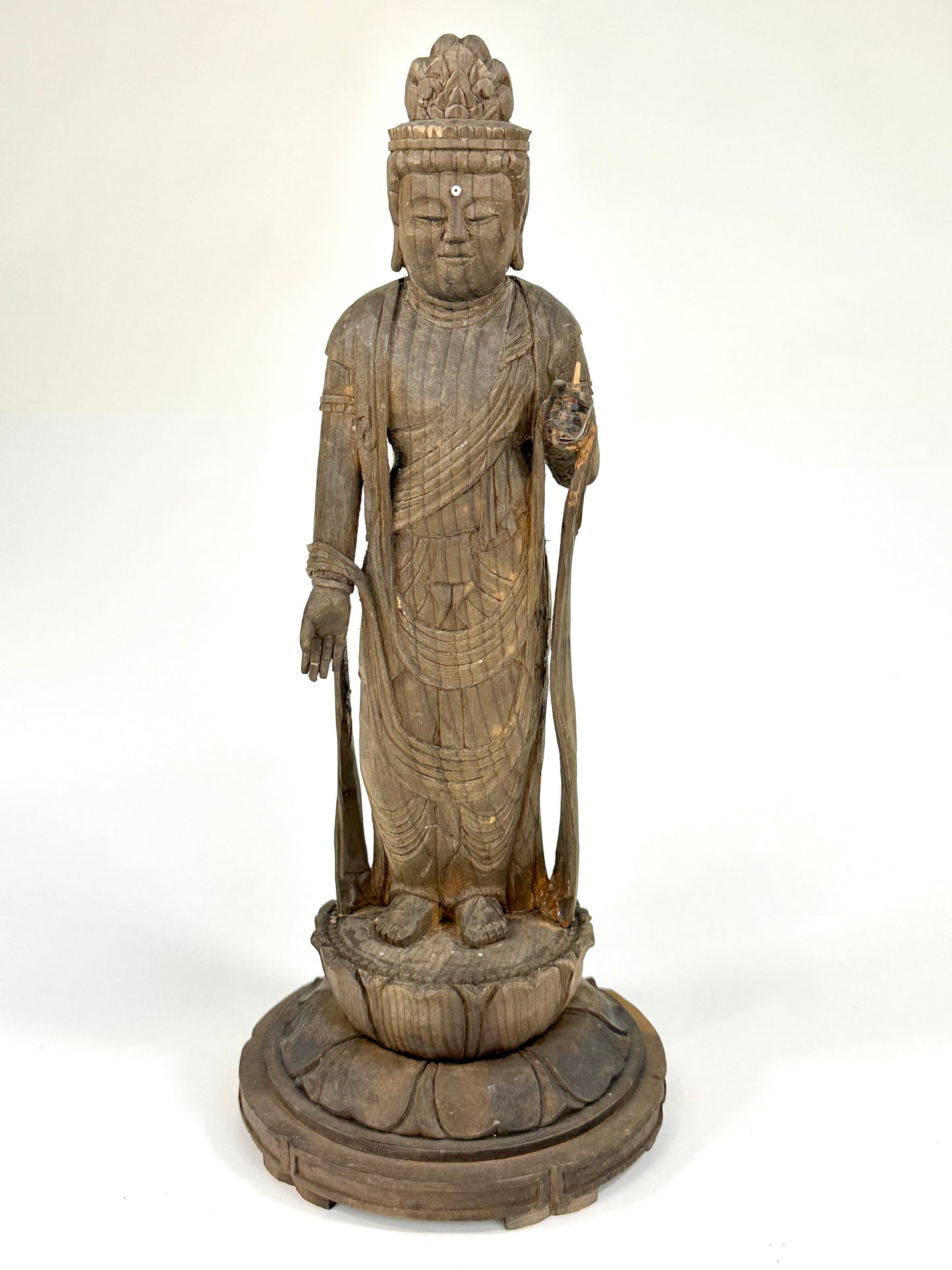 Antique Japanese Wooden Jizō Bosatsu (Kṣitigarbha Bodhisattva) Standing on Lotus Base10”