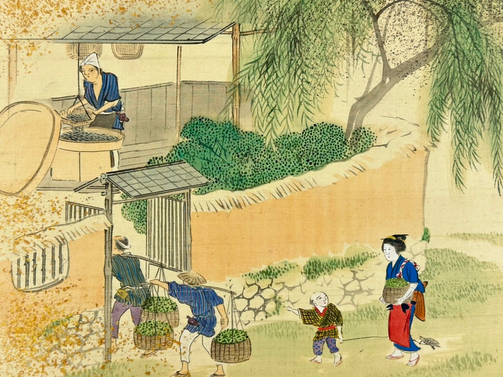 Antique Japanese Silk Painting Tea Pickers Genre Scene Gold Fleck 14"W