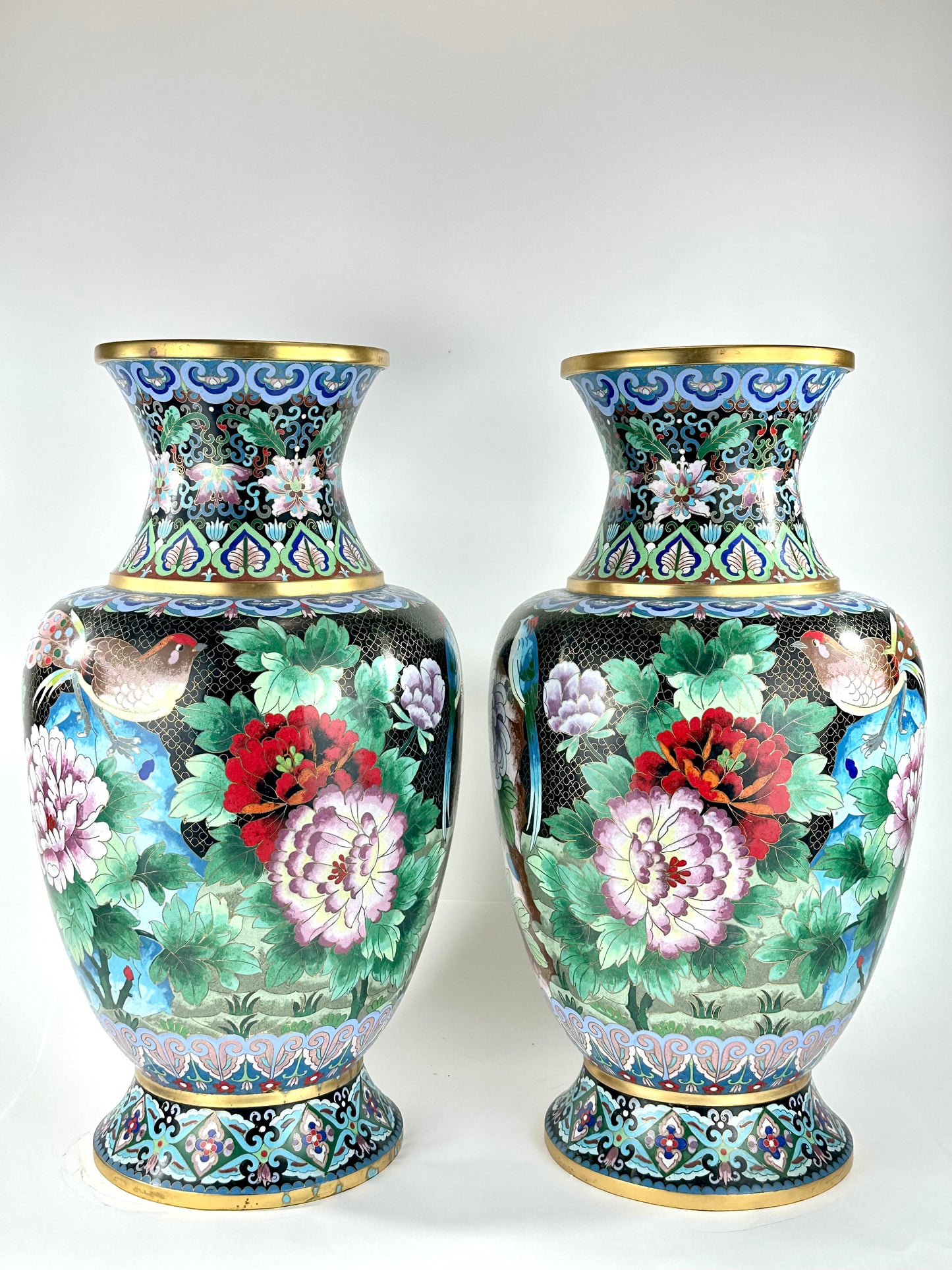 Vintage Chinese Cloisonne Vase Pair Black Ground Peony Pheasant Polychrome 20"H