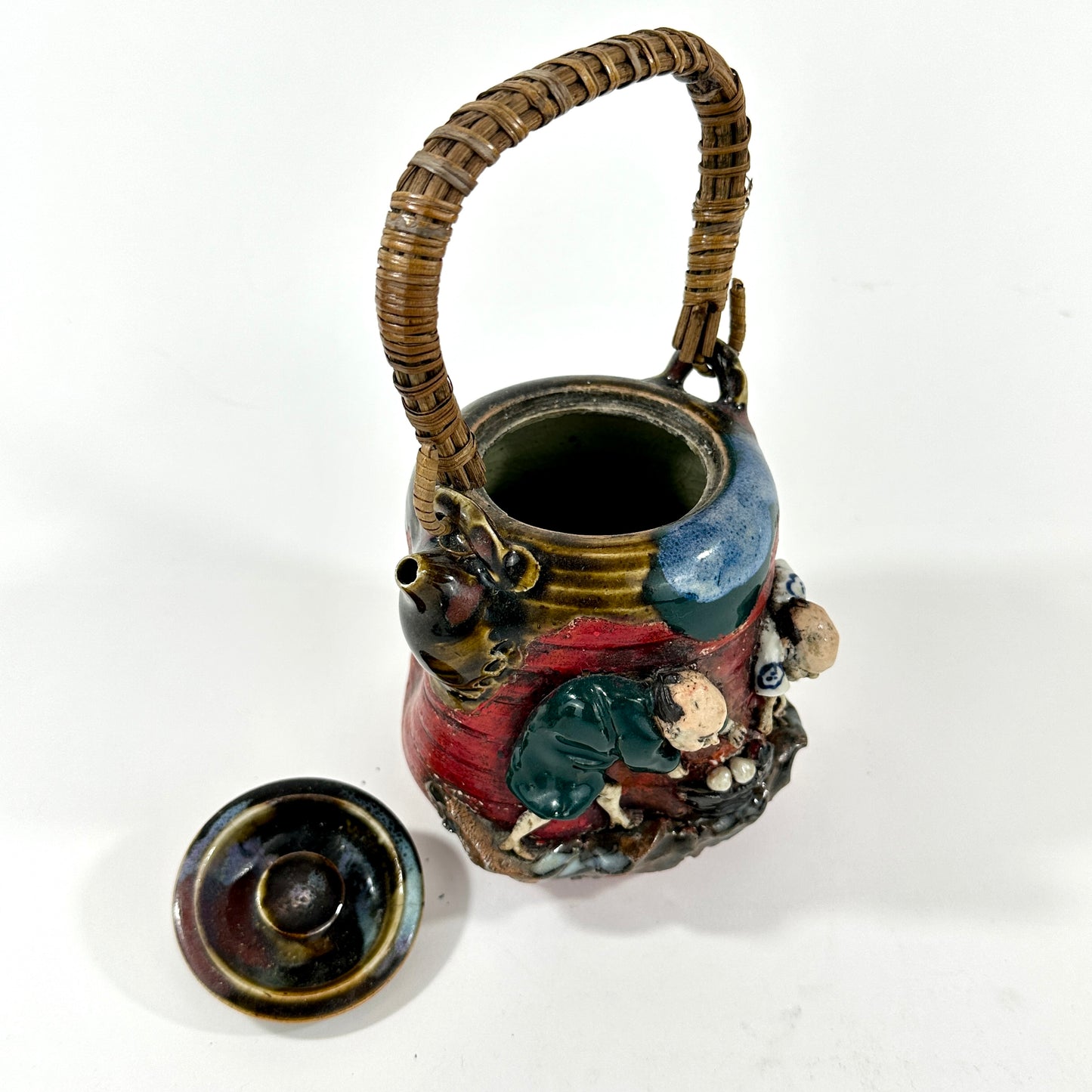 Antique Japanese Meiji Era Sumida Gawa Signed Ryosai Teapot Figures Cooking 4.5" LS187