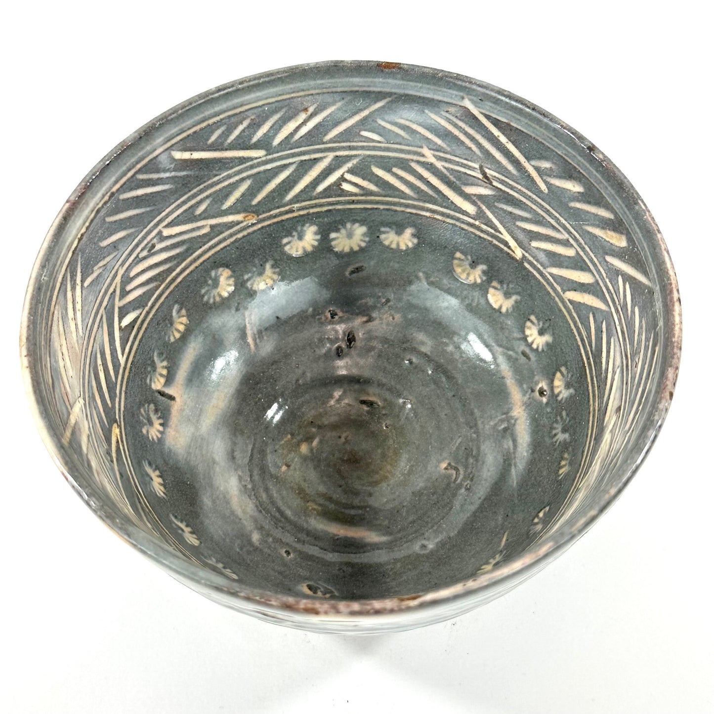 Japanese Tokoname Style Stoneware Chawan  Mishima Decoration W/ Grey Glaze Over White Slip Red Terracotta