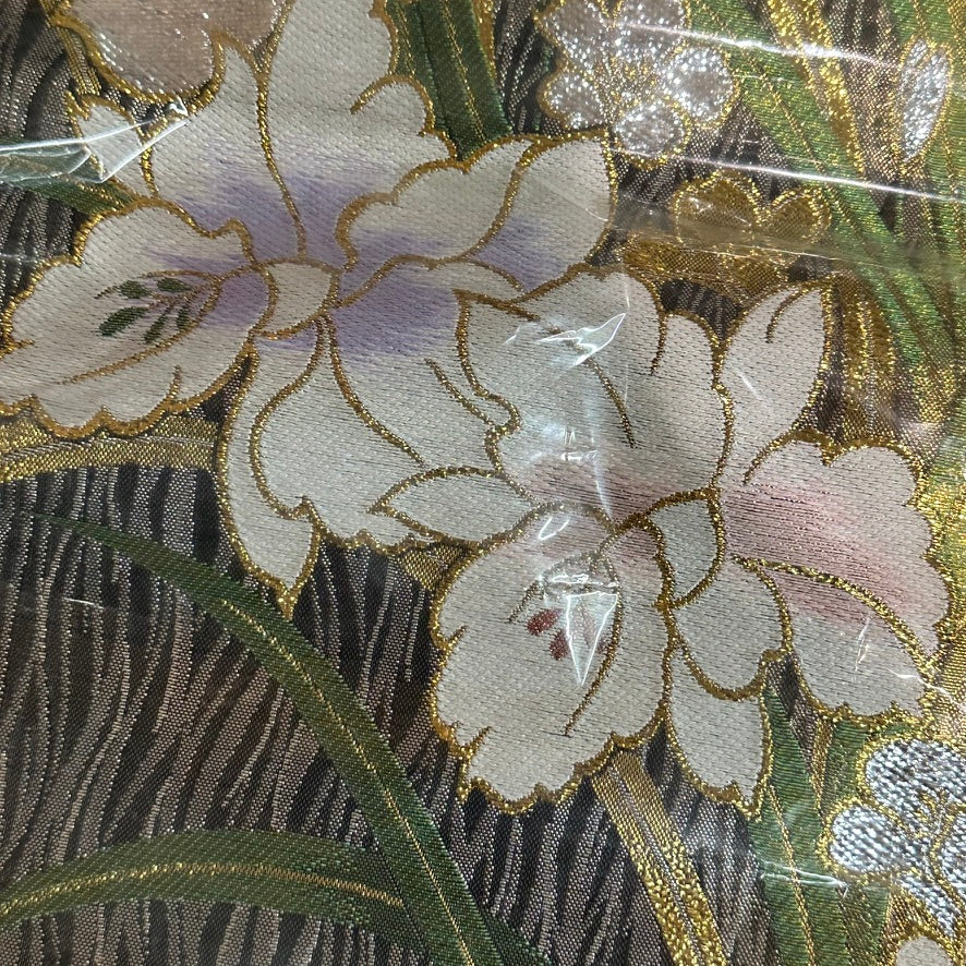 Vintage Japanese Silk Fukuro Obi Gold Thread Orchid Design Unused 13′L