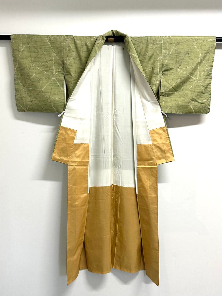 Vintage Japanese Hand Woven Tsumugi Silk Kimono Geometric Diamond Unused Showa