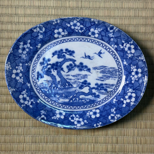 Antique Japanese Blue & White Porcelain Plate Pine Crane Prunus Landscape 9.5"W