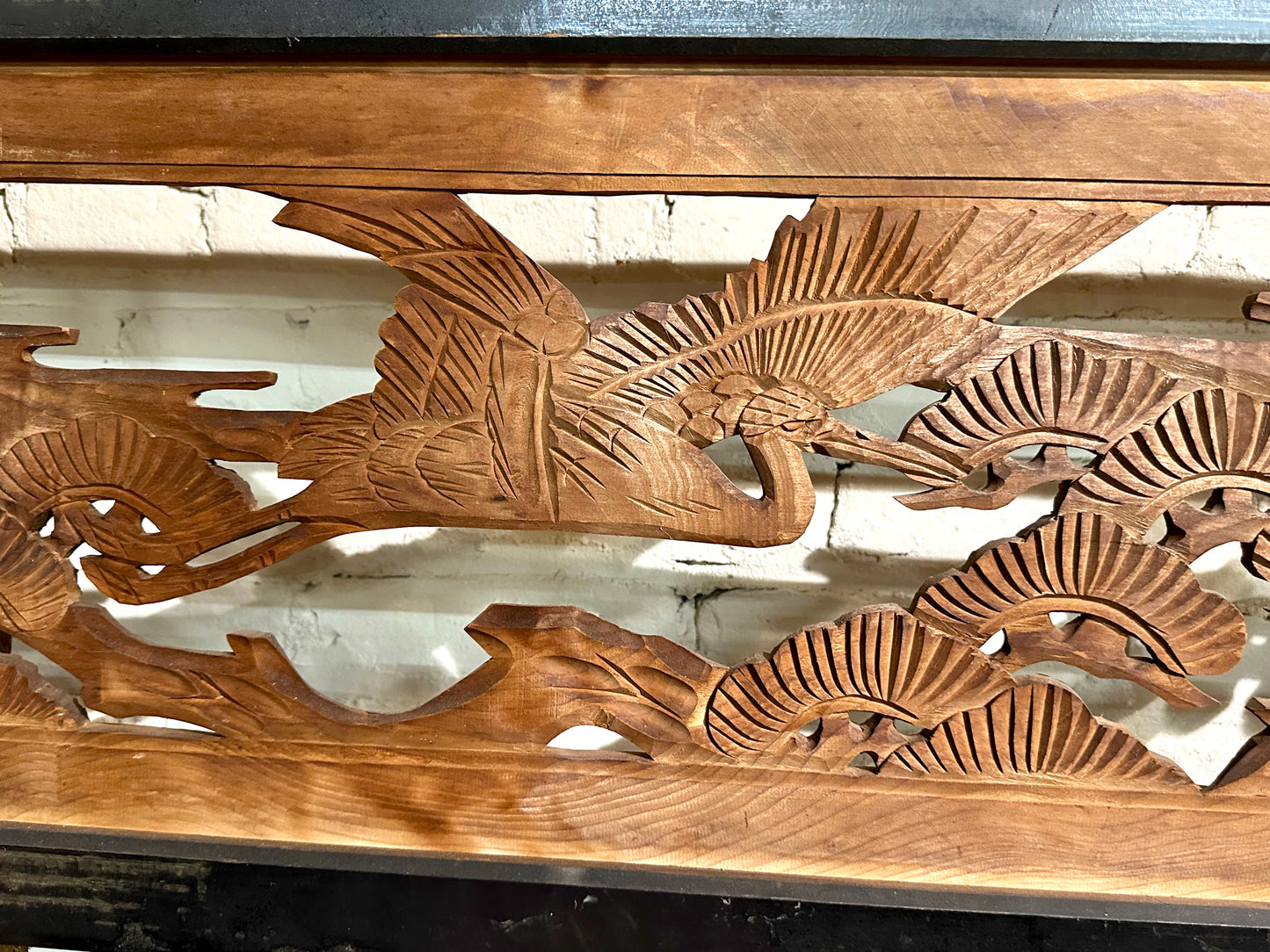 Vintage Japanese Ranma PAIR Cranes & Pines Carved Transom Screen Sugi Wood 67"