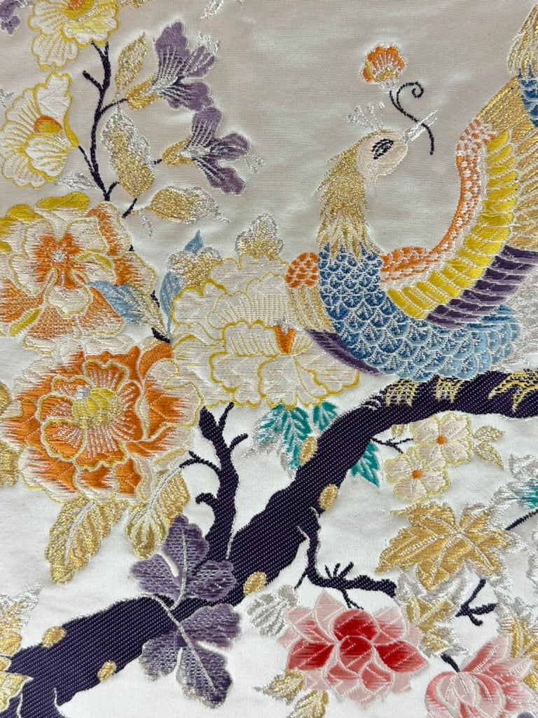 Vintage Japanese Silk Fukuro Obi Embroidered Phoenix Peony Blossom 13'L