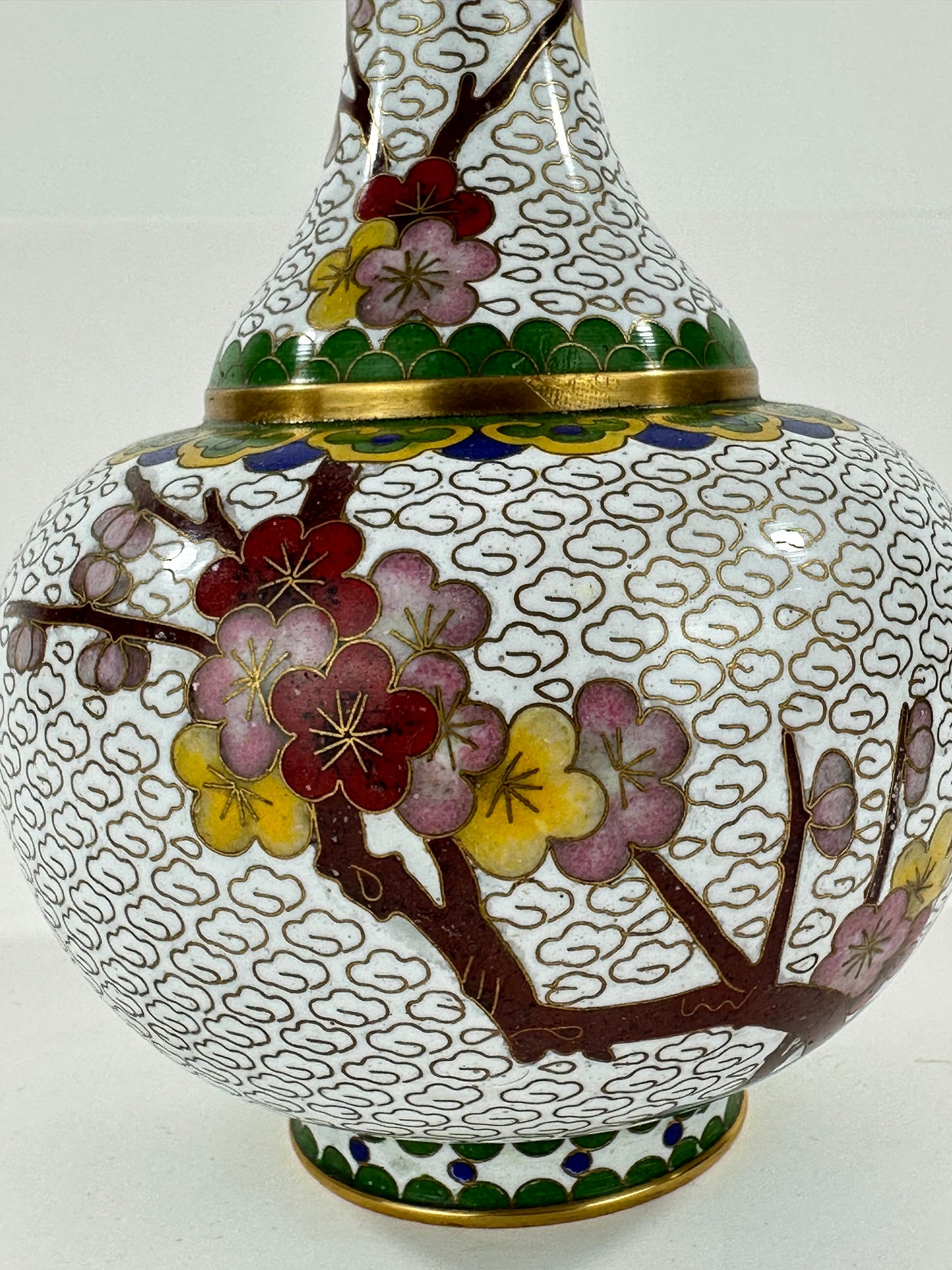 Vintage Chinese White Cloisonné Vase w/ plum blossoms 6”
