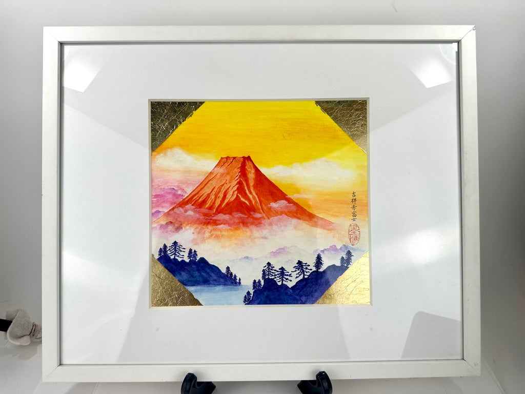 Contemporary Nihonga Red Fuji Aka Fuji Watercolor Gold Leaf Ningshu Fang 2017 20"W LS#168