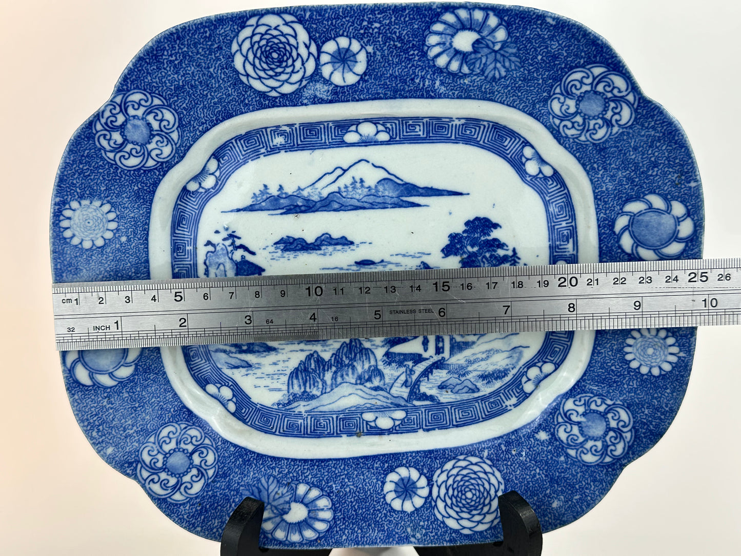 Antique Japanese Late Meiji c1910's Blue & White Porcelain Landscape Platter 10"W
