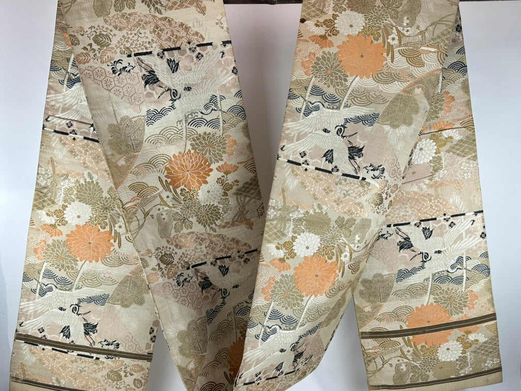 Antique Japanese Silk Tsuzure Fukuro Obi Crane Chrysanthemum Wave 13'L