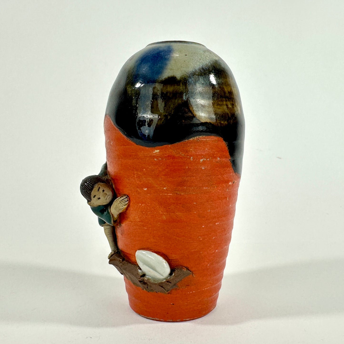 Antique Japanese Sumida Gawa Pottery Vase Figure Boy Red Orange Black Flambe Glaze Meiji 4.5"H