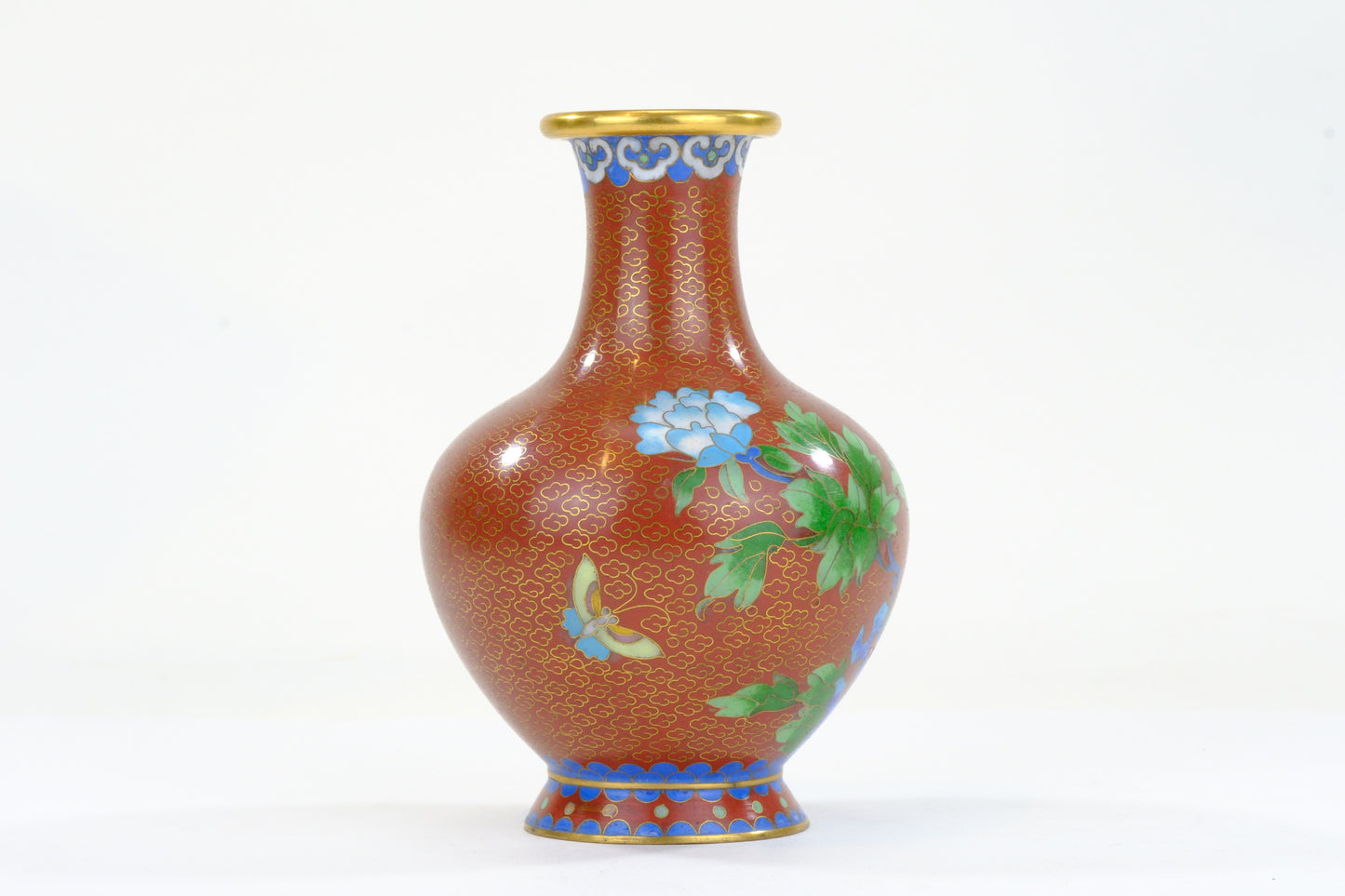 Chinese Cloisonne Enamel Vase Red Rust Ground White Peony Scholar Rock Blue Foot 6"H