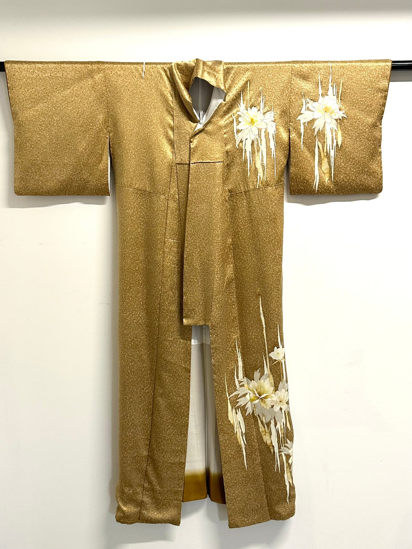 Vintage Japanese Silk Nashiji Gold Kimono Yuzen Suisen Narcissus Showa Era