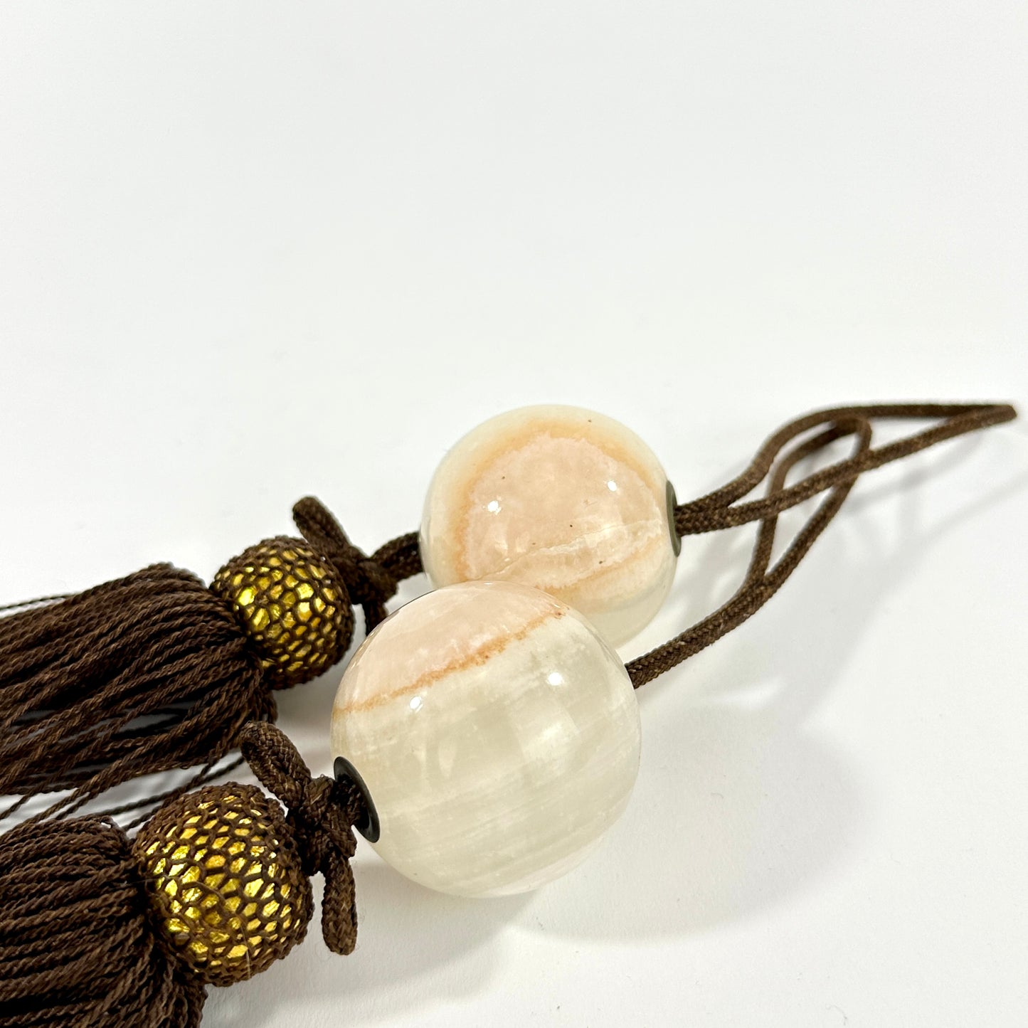 Vintage Japanese Fuchin Scroll Weights Calcite Stone Silk Tassels Pair 4cm