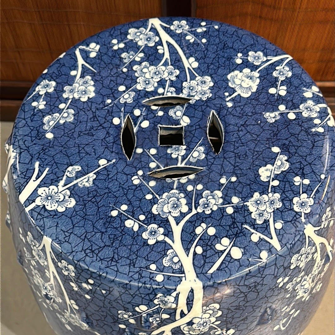 Vintage Chinese Ceramic Round Garden Stool Plum Blossom Motif 18”