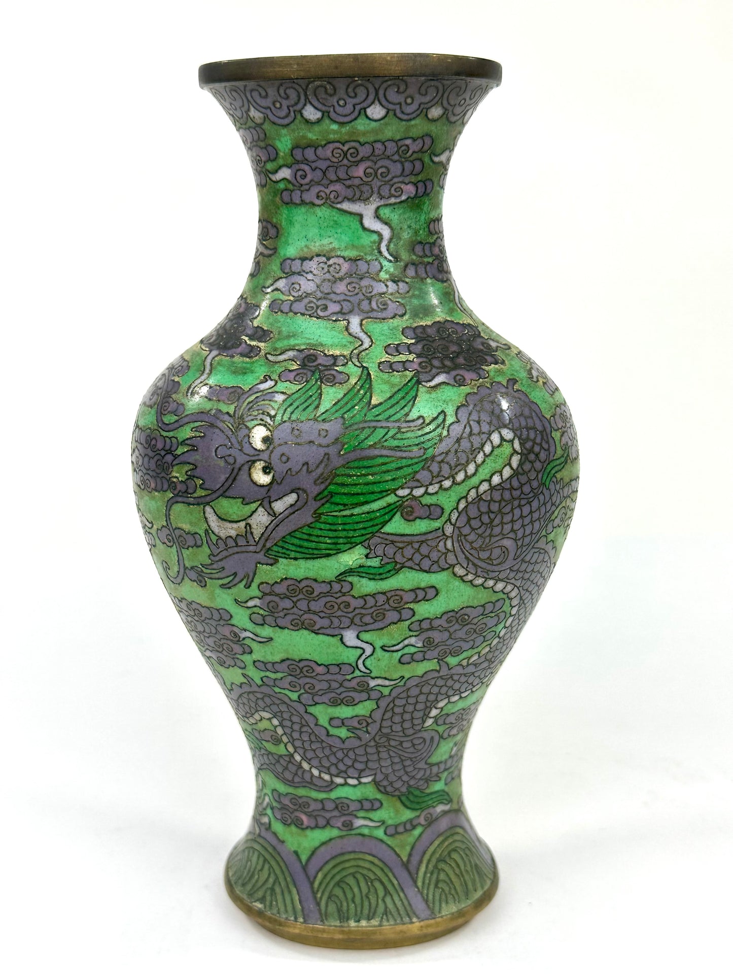 Antique Chinese Late Qing Dynasty (c1910) Cloisonné Vase Emerald Dragon 9”