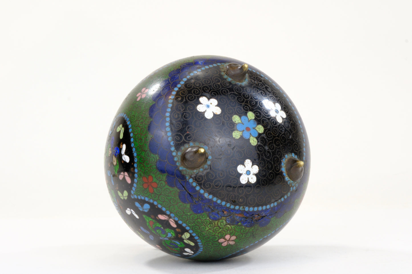 Chinese Cloisonne Enamel Jar Black Ground Polychrome Floral Fret Pattern Turquoise