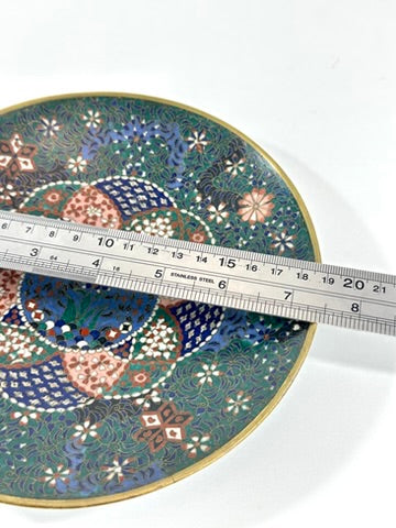 Japanese Meiji Cloisonne Shippo Plate Green Floral Medallion Iris Geometric 7.5"