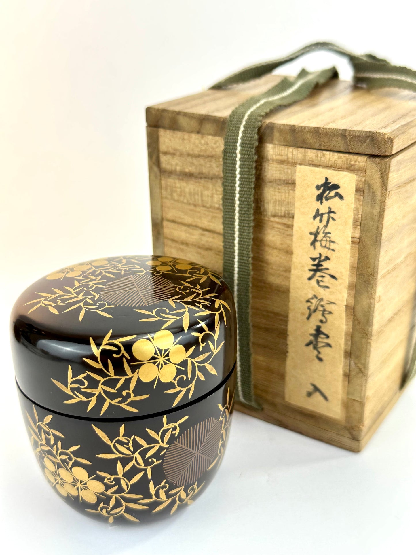 Vintage Japanese Lacquer Tea Caddy Natsume Maki-e Bamboo Plum Pine w/ Box