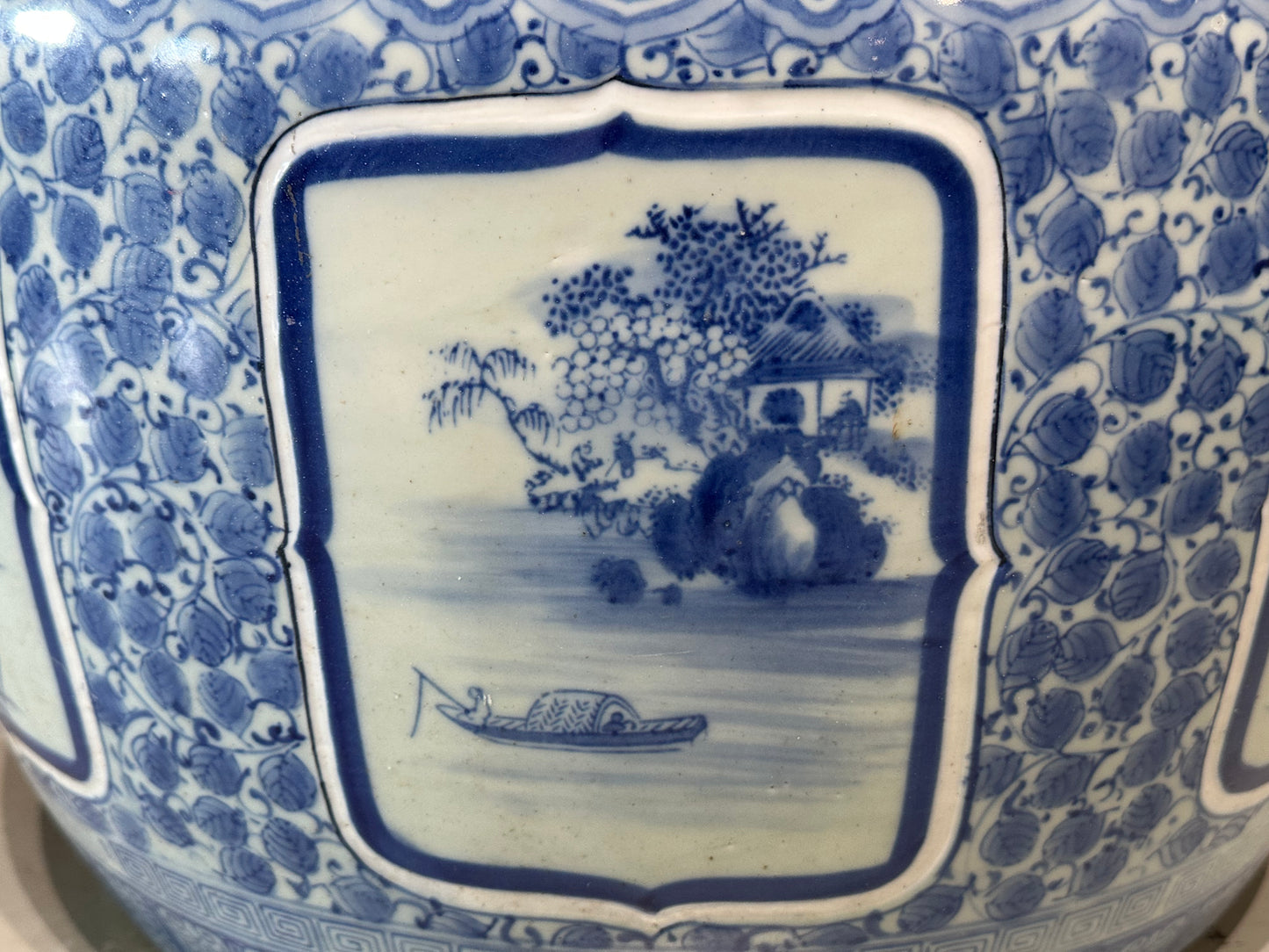 Antique Japanese Meiji Era Ceramic Blue & White Hibachi Brazier Floral Motif 24”