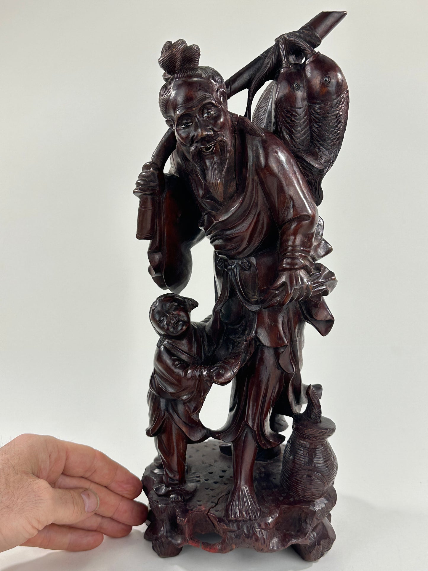 Antique Chinese Carved Wooden Statue of Shoulao 14”