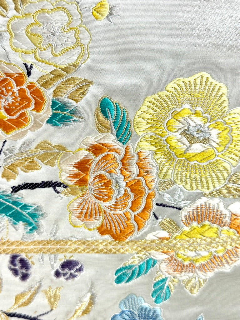 Vintage Japanese Silk Fukuro Obi Embroidered Phoenix Peony Blossom 13'L