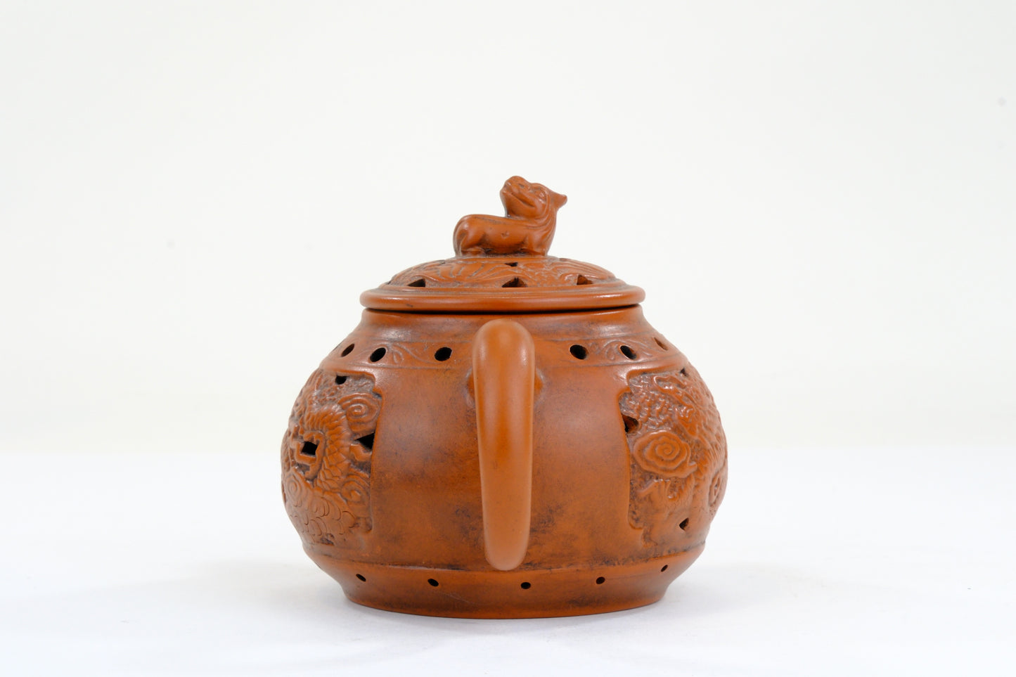 Vintage Chinese Yixing Style Teapot Double Wall Dragon Relief Shishi Finial Hongni Clay 6"