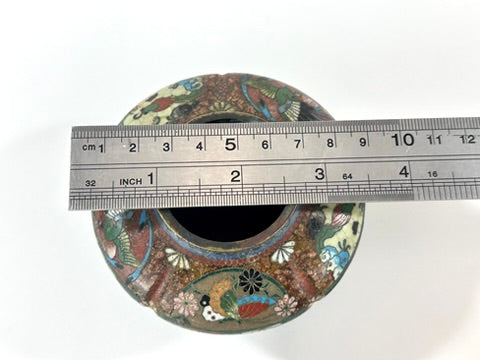 Japanese Meiji Cloisonne Shippo Vase Phoenix Floral Three Feet Red Brown 3"H