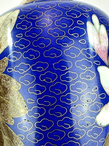 Chinese Republic Period Cloisonne Enamel Vase Pair Cobalt Blue Pink Peony 6"H