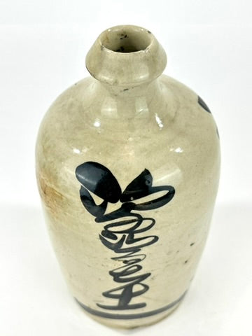 Antique Japanese Grey Glazed Stoneware Tokkuri Sake Jug Iron Black Merchant Calligraphy Meiji 10"H