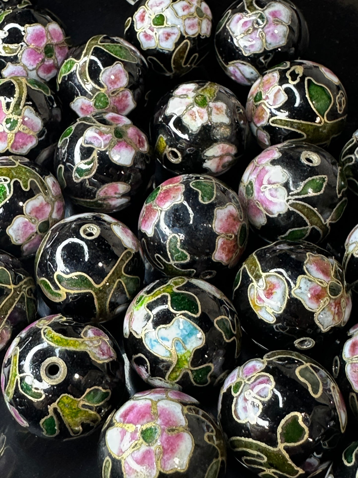 One Vintage Chinese Cloisonne Black & Pink Bead 18mm Glass Enamel Jewelry