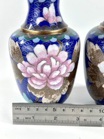 Chinese Republic Period Cloisonne Enamel Vase Pair Cobalt Blue Pink Peony 6"H