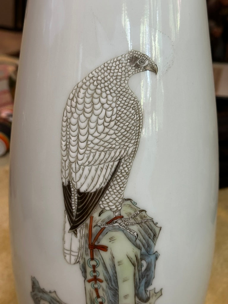 Chinese Porcelain Vase Gongbi Falcon Falconry Jess Rock Ink Color 20"H 26C*GL