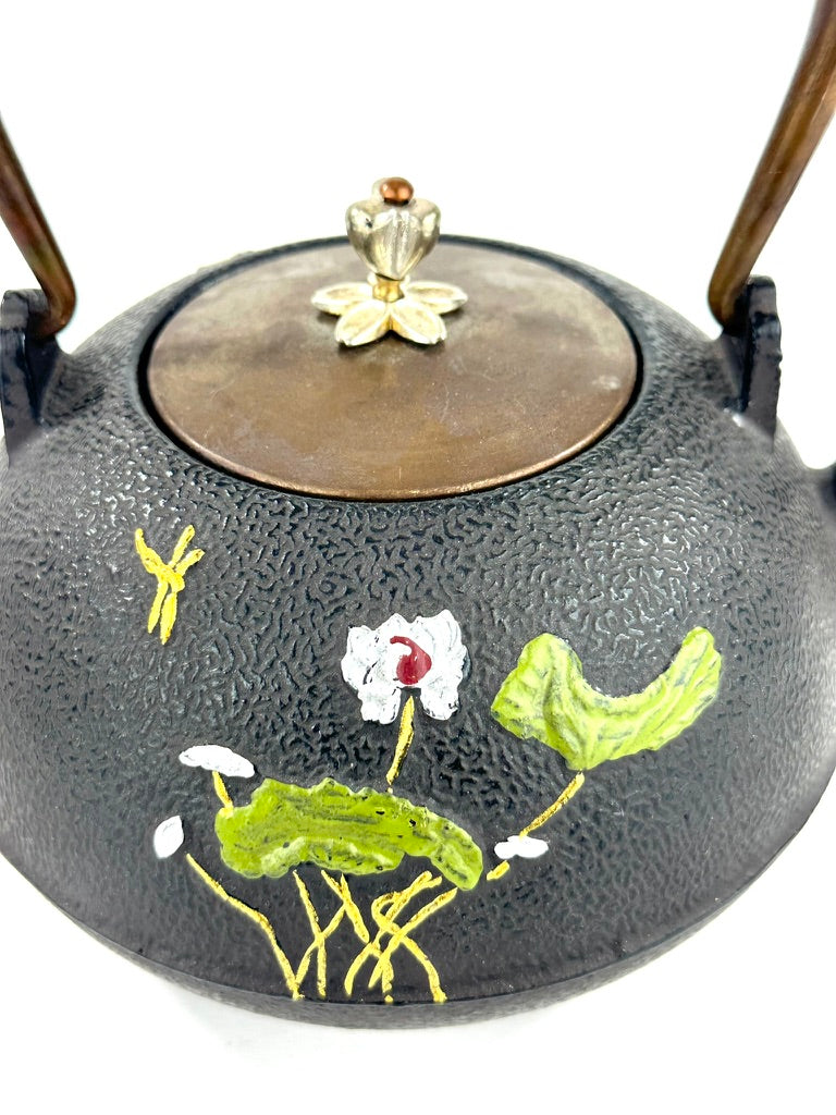 Vintage Japanese Cast Iron Tetsubin Polychrome Lotus Pond Dragonfly Brass Lid Showa 8"W LS#148