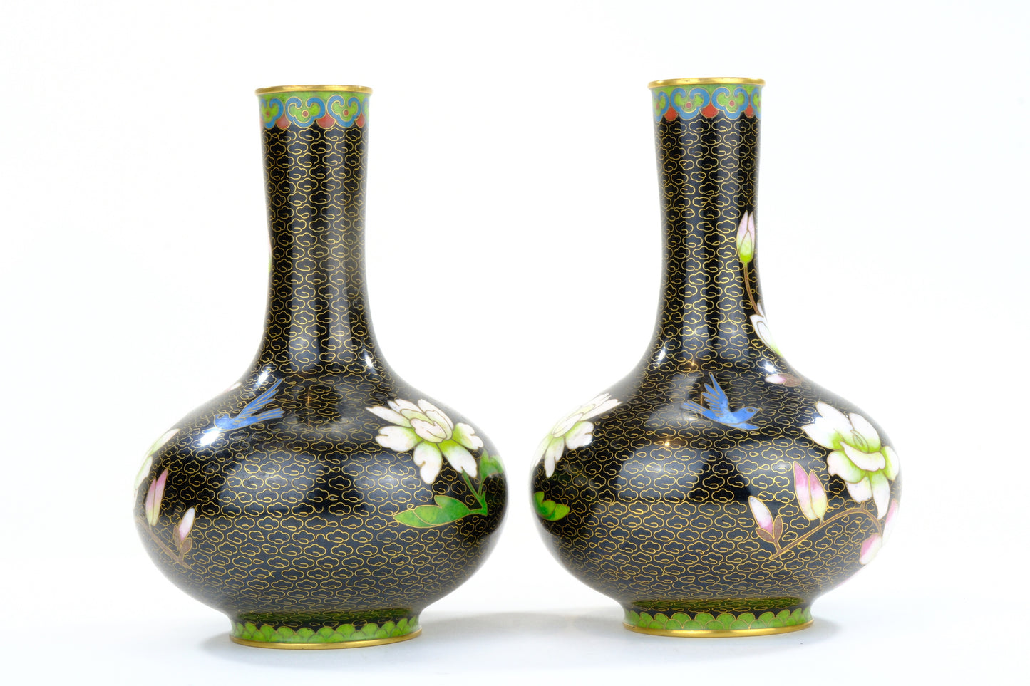 Pair of Antique Japanese Cloisonné Miniature Vases with Floral Decoration Meiji Period