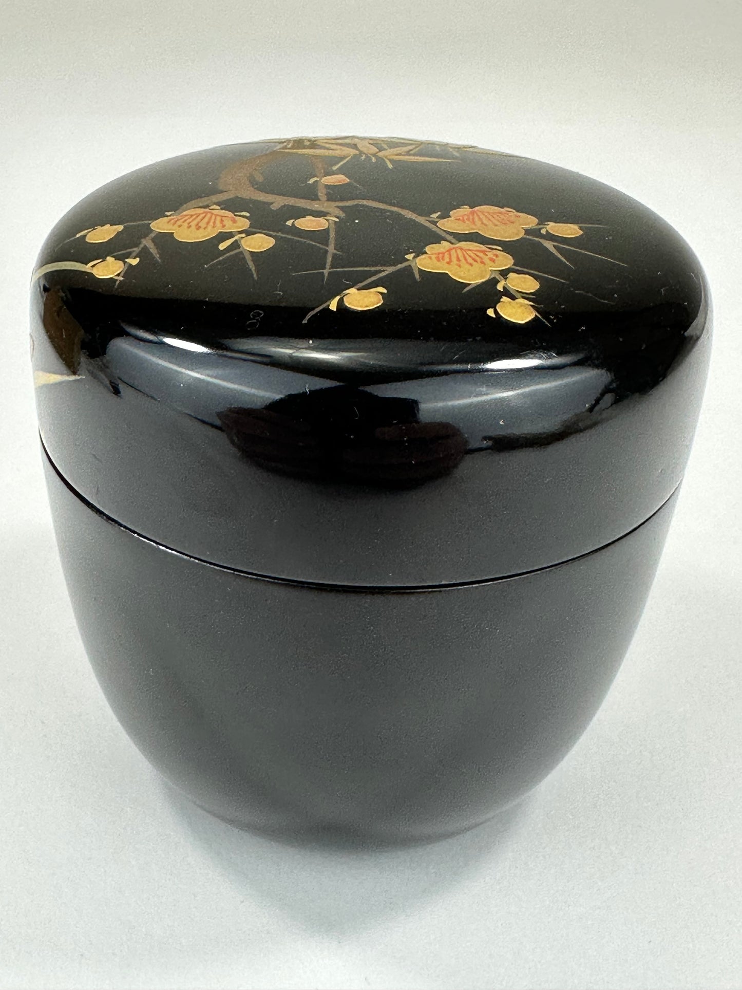 Japanese Tea Ceremony Natsume Tea Caddy Floral Shikunshi Motif w/ Kiri Wood Box