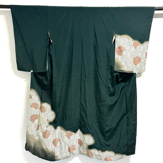 Vintage Japanese Silk Kimono Kiku Hanazume Suso on Deep Green Gold Bokashi Showa