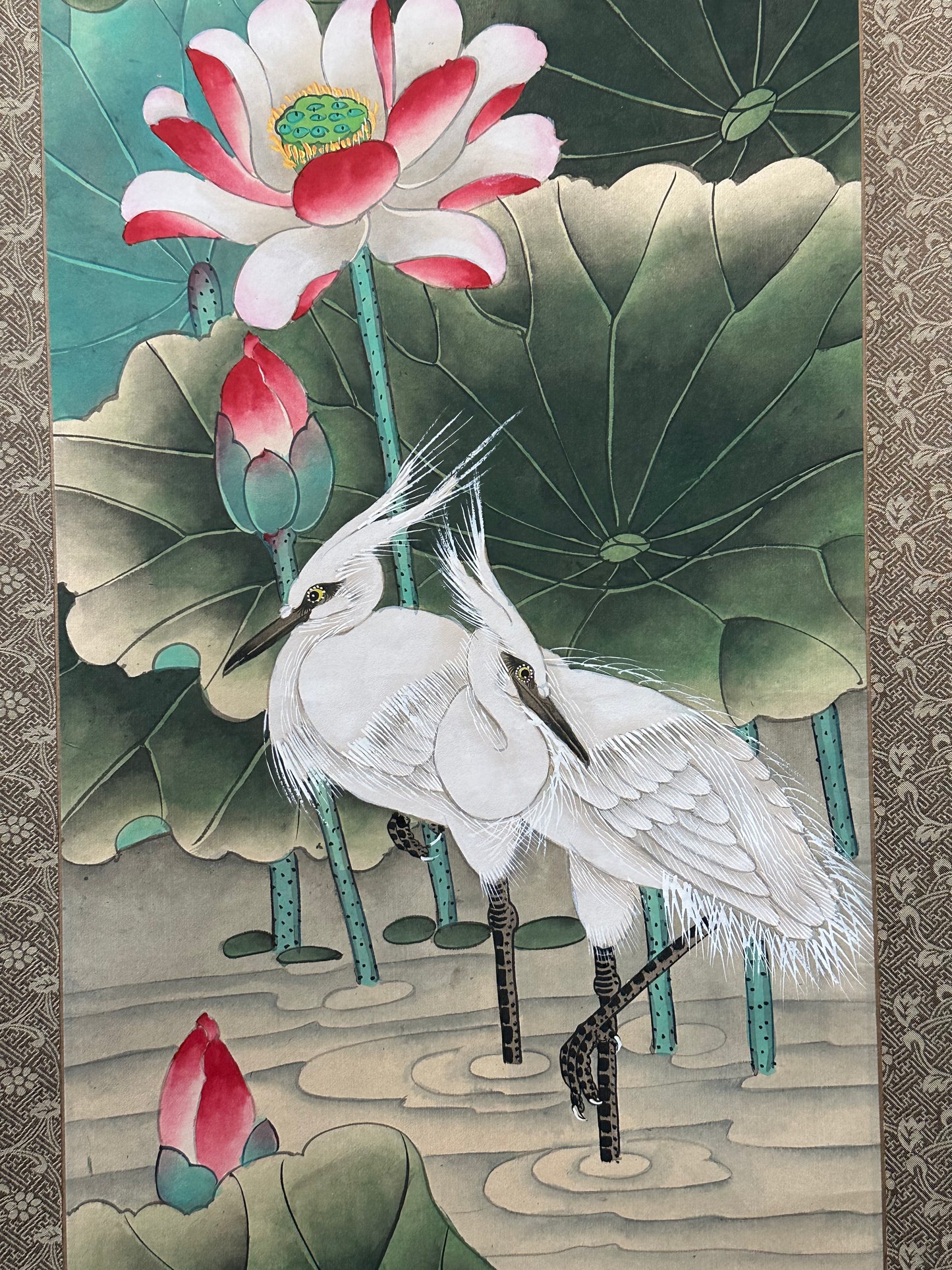 Vintage Chinese Hanging Scroll Painting Egrets and Lotus Signed c1947 63"H