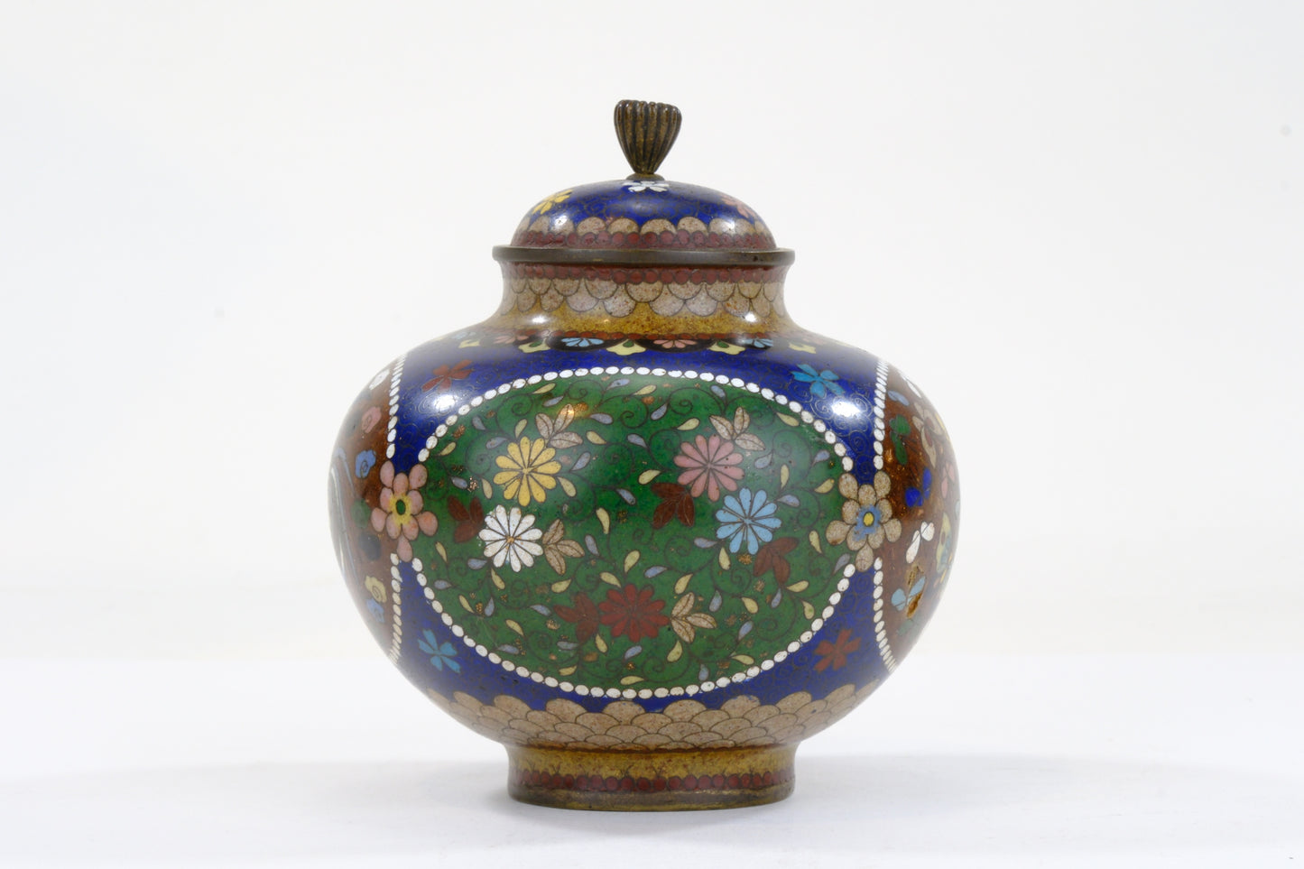 Japanese Meiji Cloisonne Enamel Covered Jar Cobalt Phoenix Floral Cartouche Bronze Finial 5"H