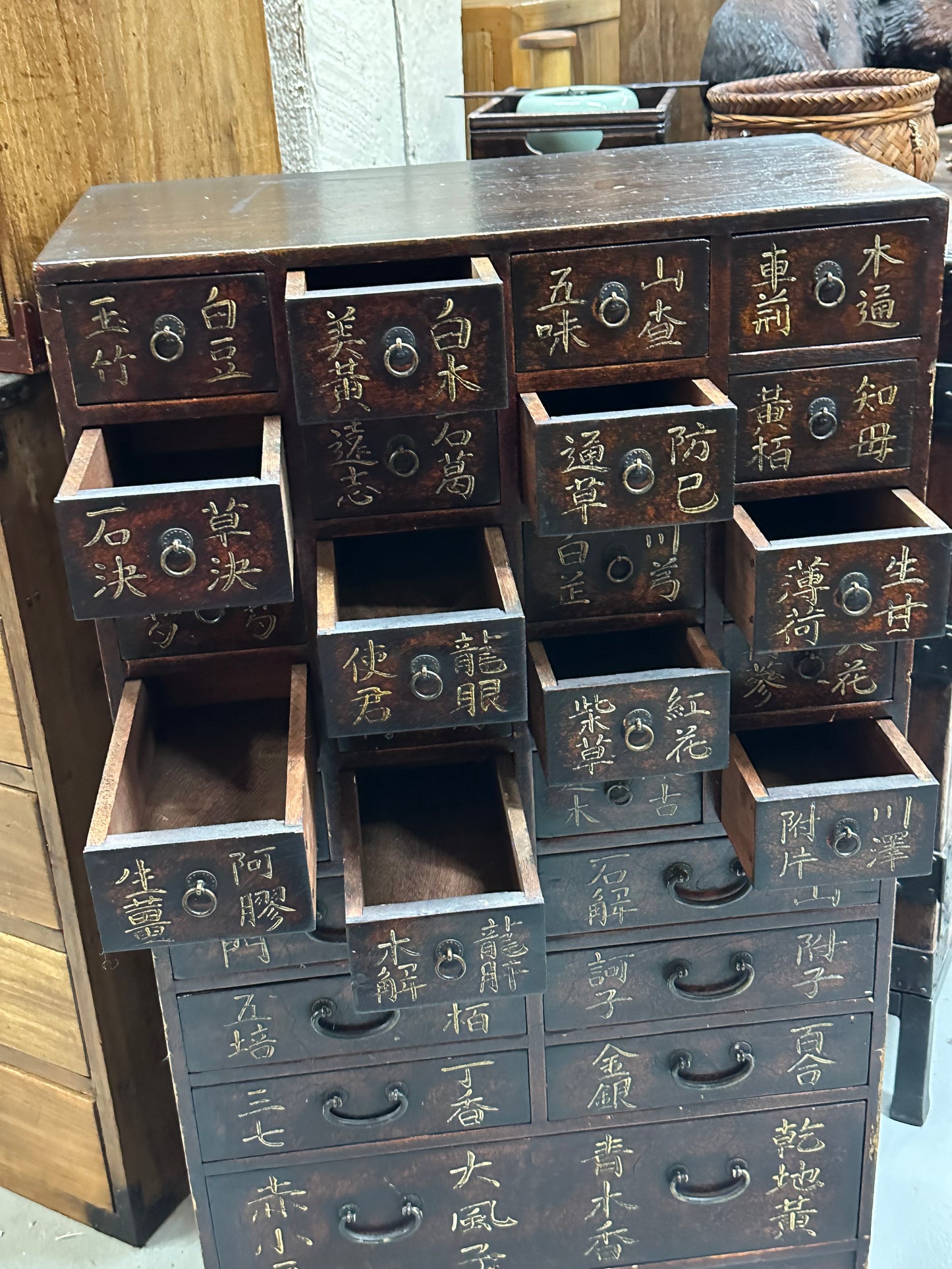 Vintage Korean Apothecary Chest With Labeled 27 Drawers 33"H