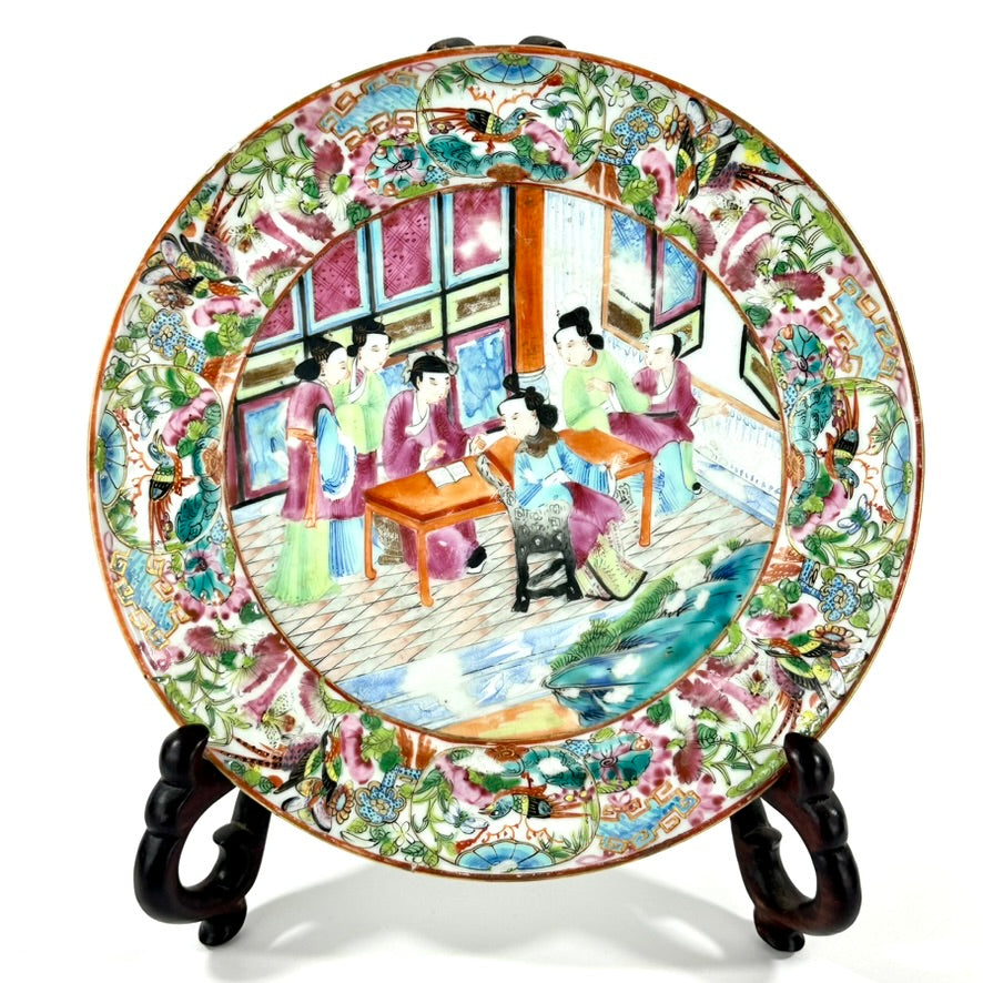 Antique Chinese Qing Famille Rose Canton Porcelain Plate Domestic Scene 8″W
