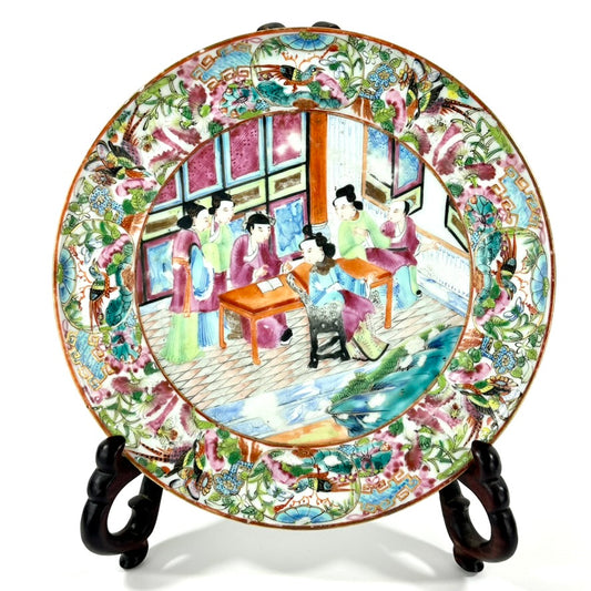 Antique Chinese Qing Famille Rose Canton Porcelain Plate Domestic Scene 8″W