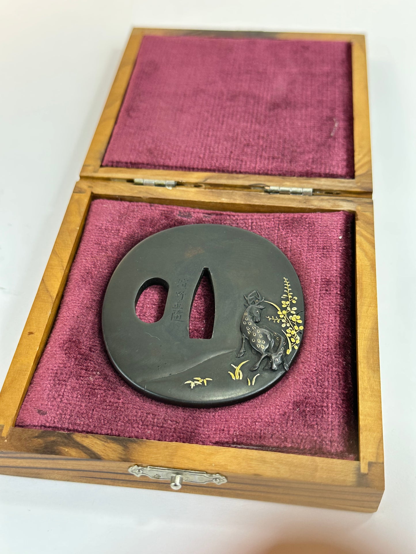 Antique Japanese Bronze Samurai Tsuba by Hamano (b1754) Deer Motif Gold Inlay 68mm