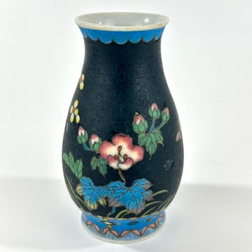 Japanese Meiji Taisho Totai Shippo Ceramic Cloisonne Vase Black Ground Pink Floral 5"H