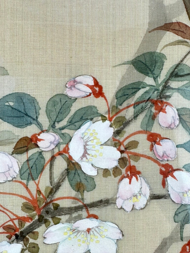 Antique Japanese Kacho-ga Silk Painting Sakura Cherry Blossoms Framed 18"H